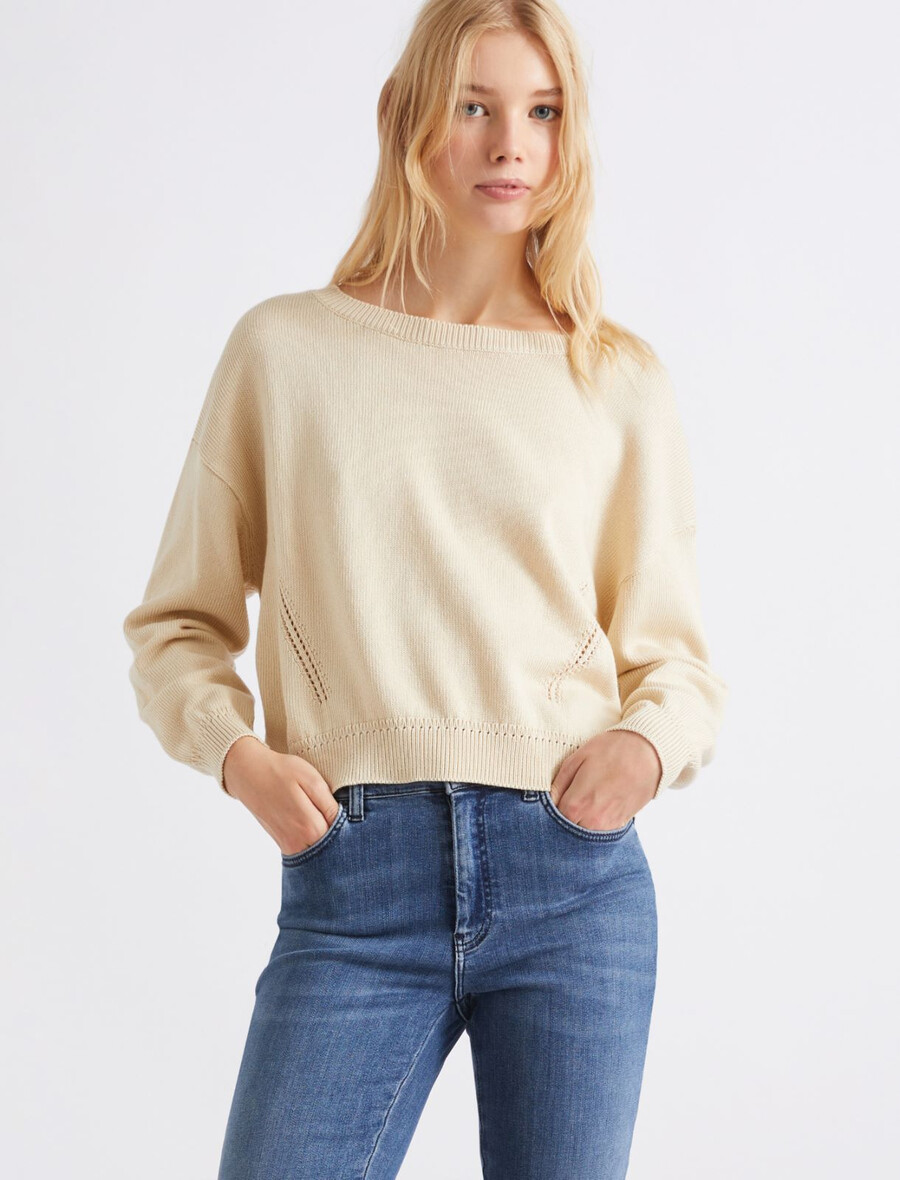 pull en coton à col bateau - laine blanc