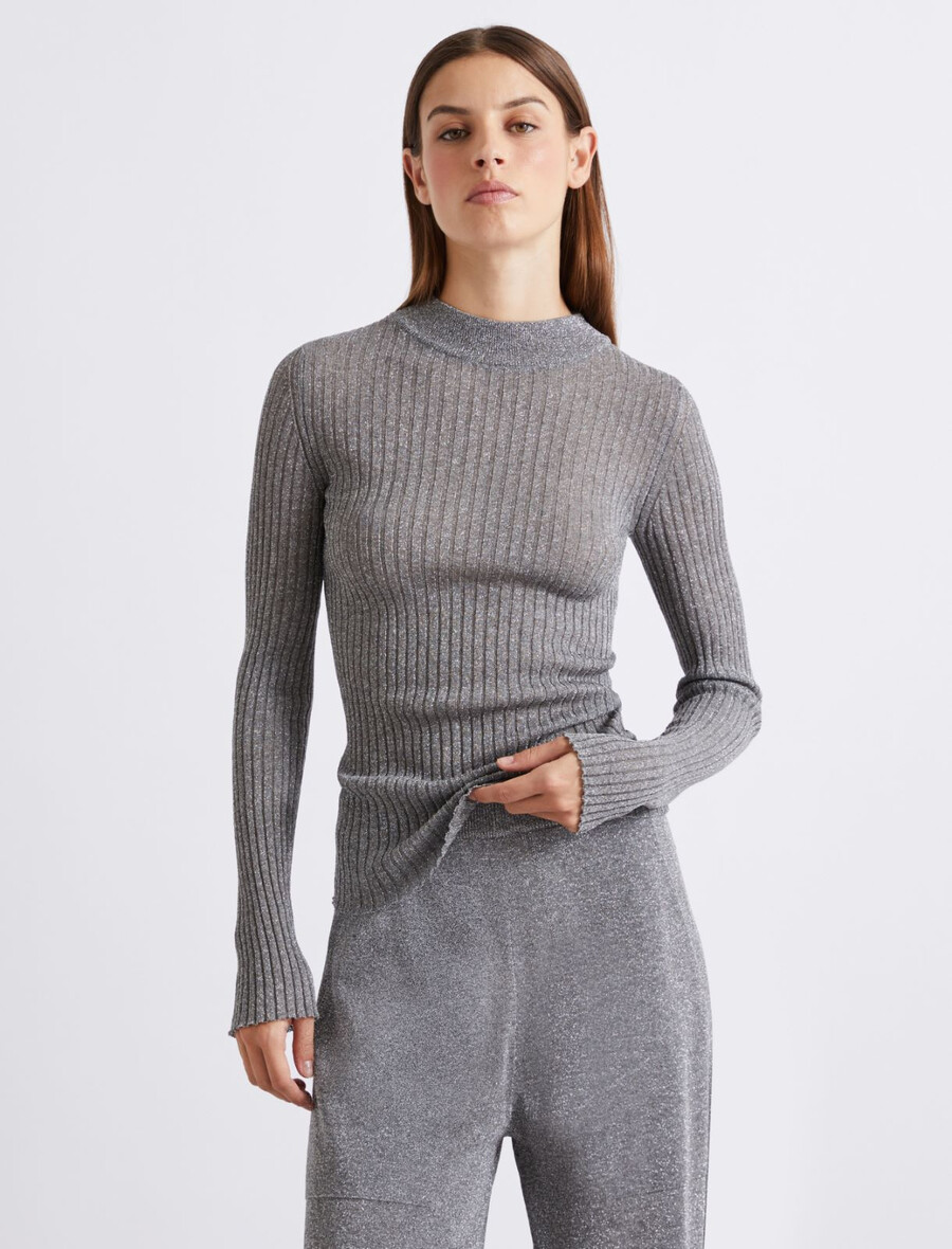 pull en maille côtelée orné de lurex - gris