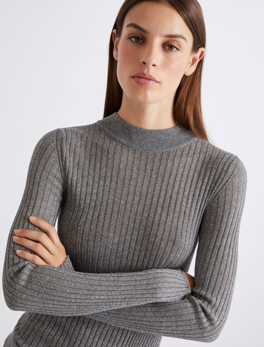 pull en maille côtelée orné de lurex - gris