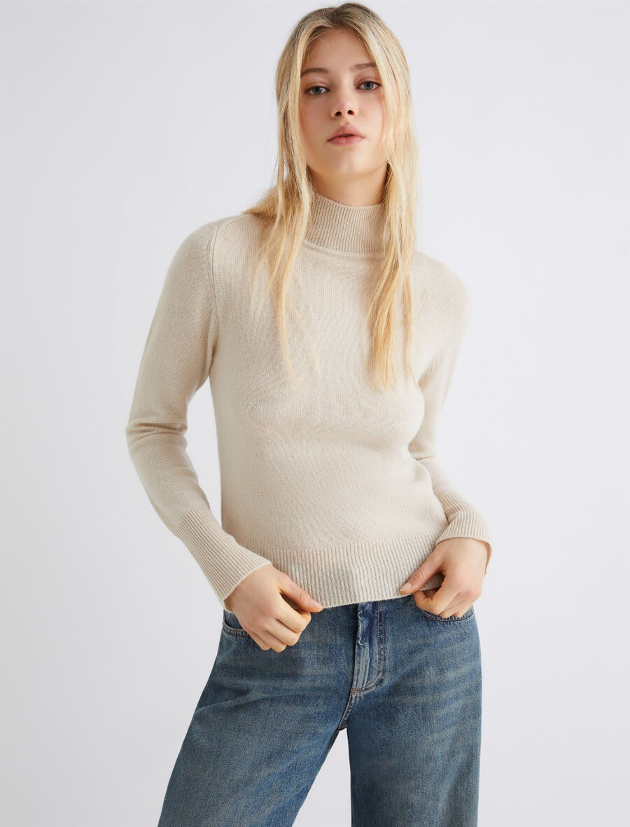 pull col roulé ajusté en laine et cachemire - ivoire