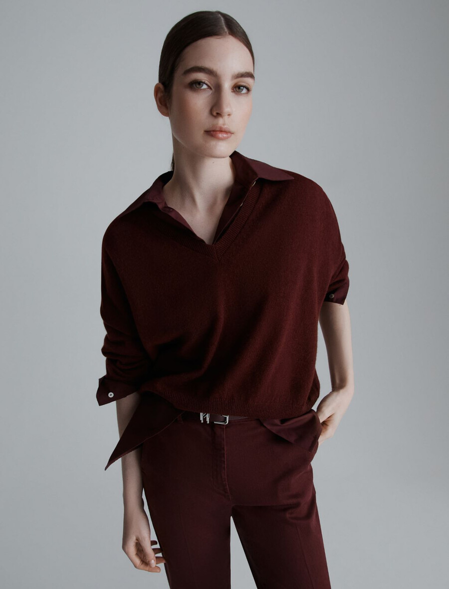 pull col v en pur cachemire - bordeaux