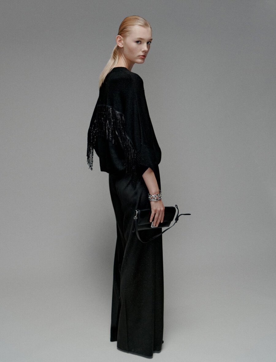 pull en cachemire mélangé orné de franges à sequins - noir