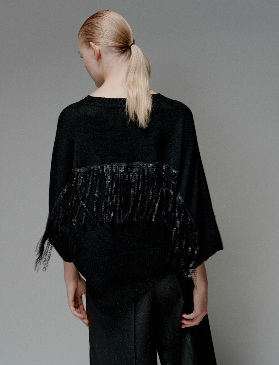 pull en cachemire mélangé orné de franges à sequins - noir