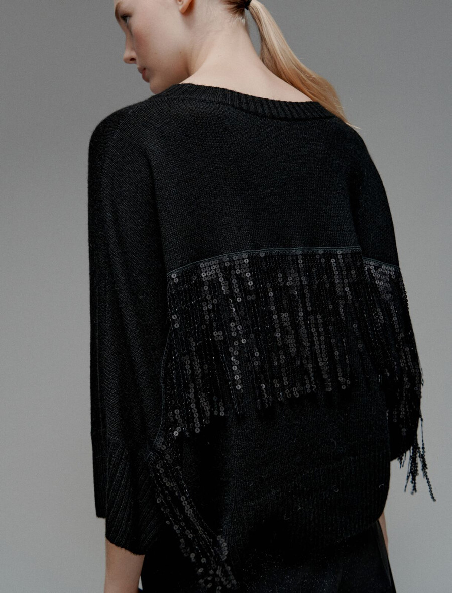 pull en cachemire mélangé orné de franges à sequins - noir