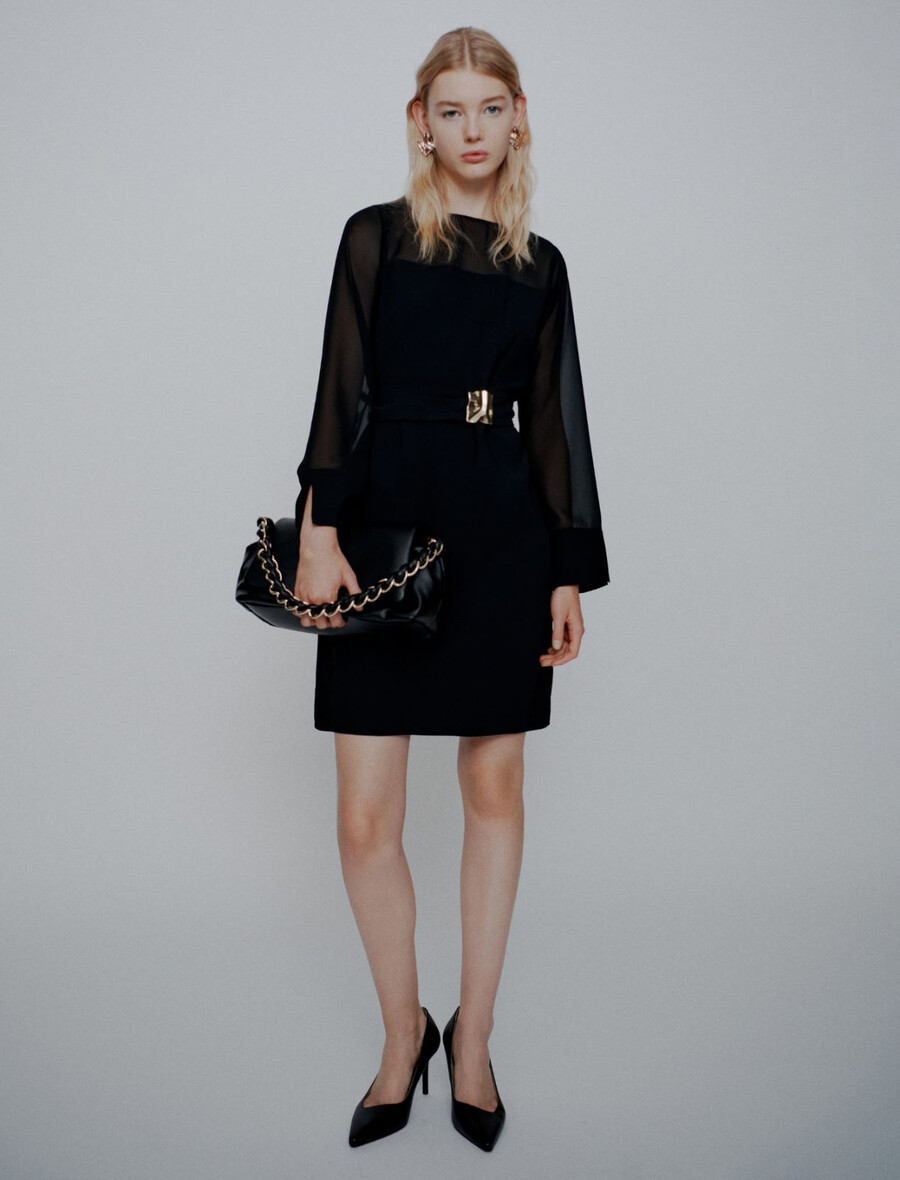 robe ceinturée en satin et georgette envers - noire