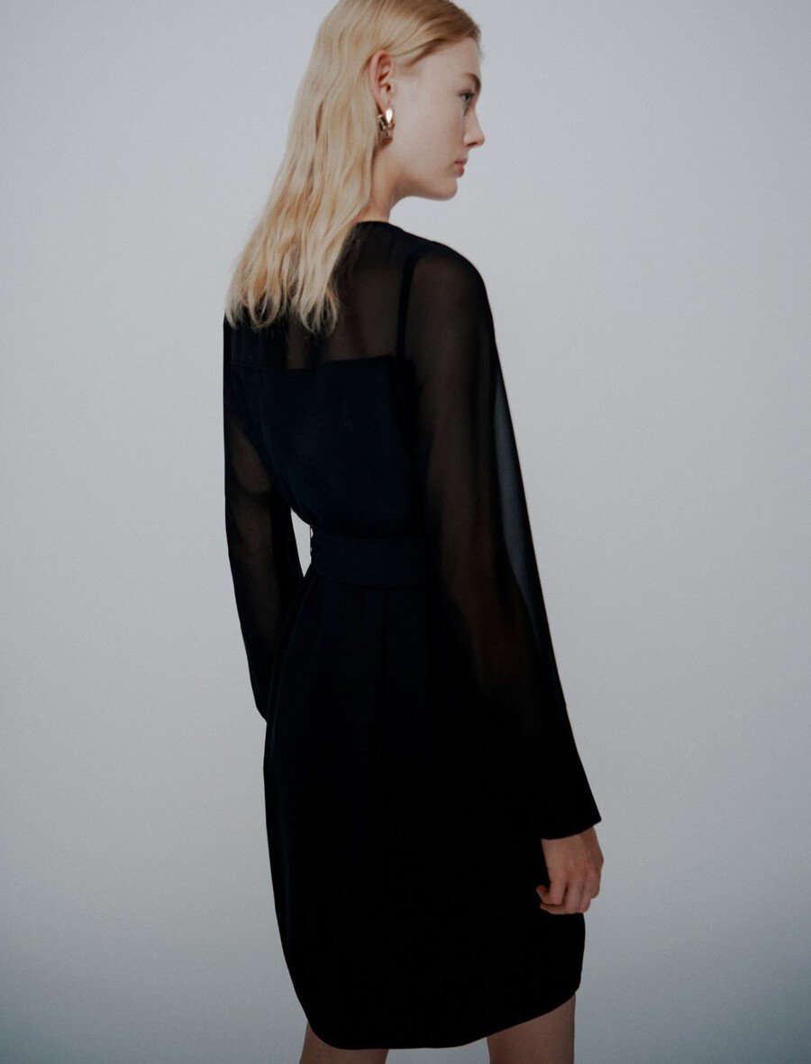 robe ceinturée en satin et georgette envers - noire