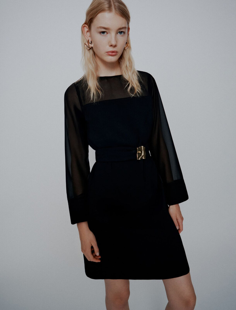 robe ceinturée en satin et georgette envers - noire