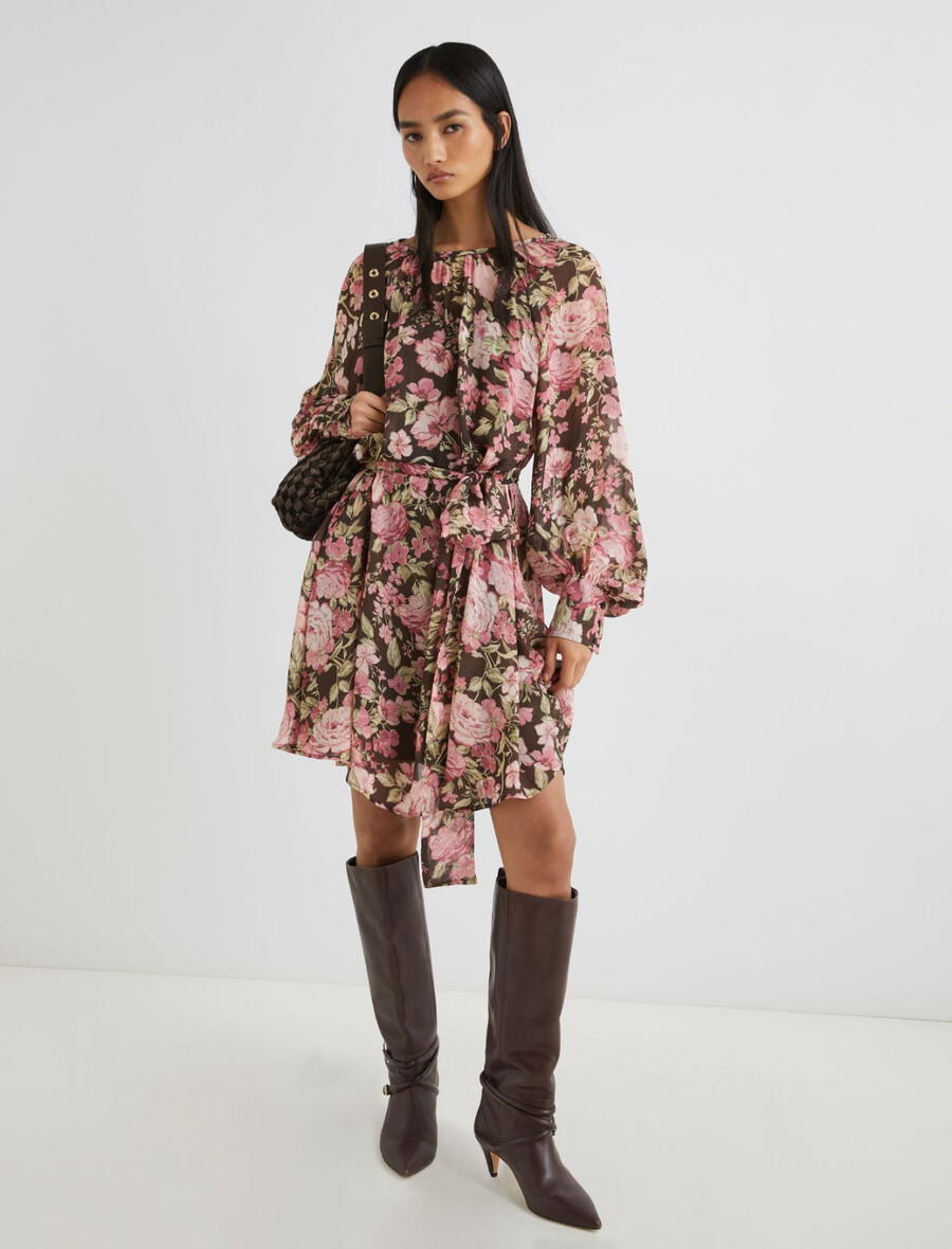 robe courte en georgette à fleurs - chocolat