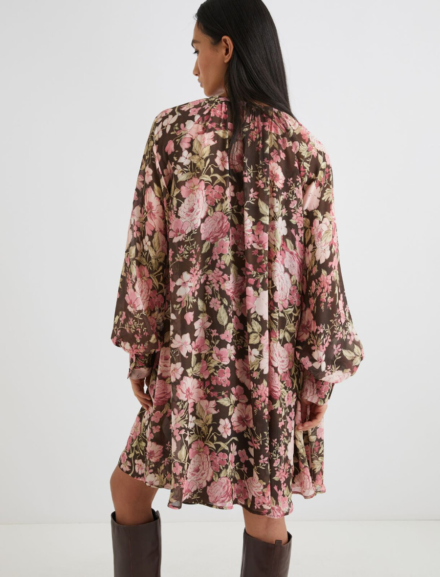 robe courte en georgette à fleurs - chocolat