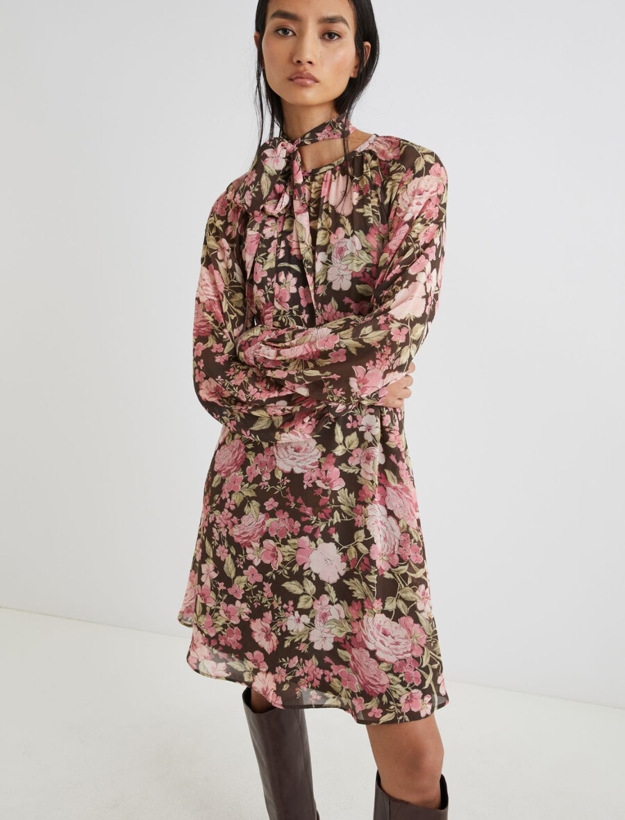 robe courte en georgette à fleurs - chocolat