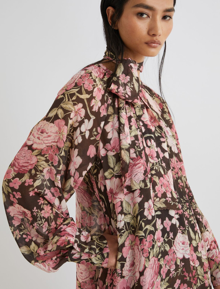 robe courte en georgette à fleurs - chocolat