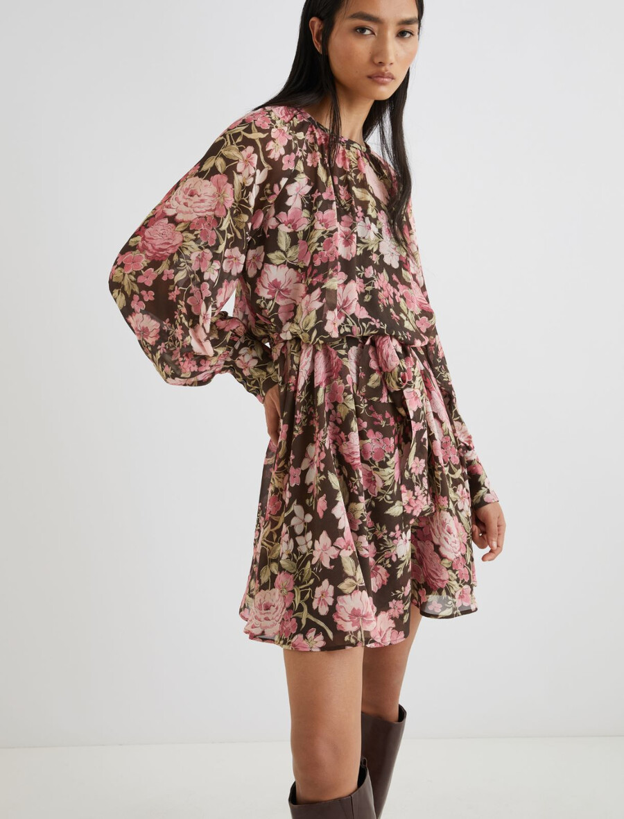 robe courte en georgette à fleurs - chocolat