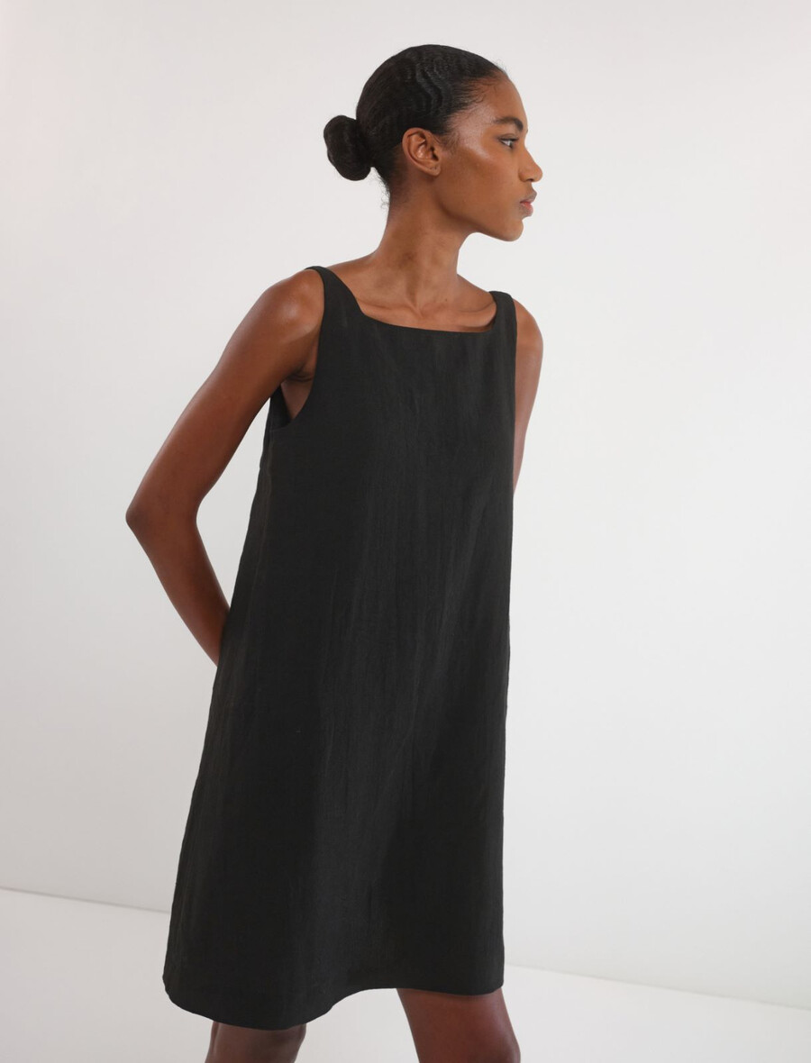 robe évasée en coton et lin - noire
