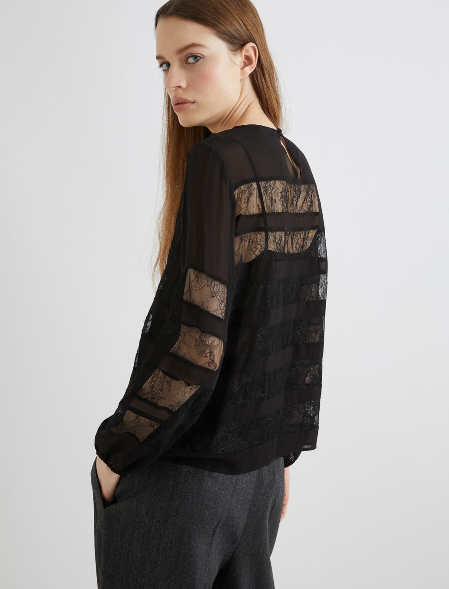 chemisier en georgette avec détails en dentelle - noir