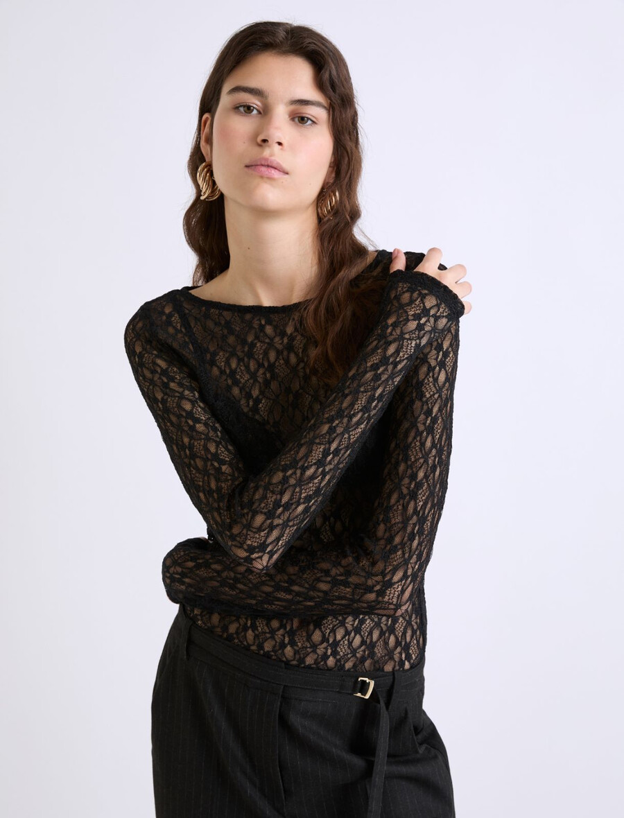 t-shirt en dentelle extensible - noir