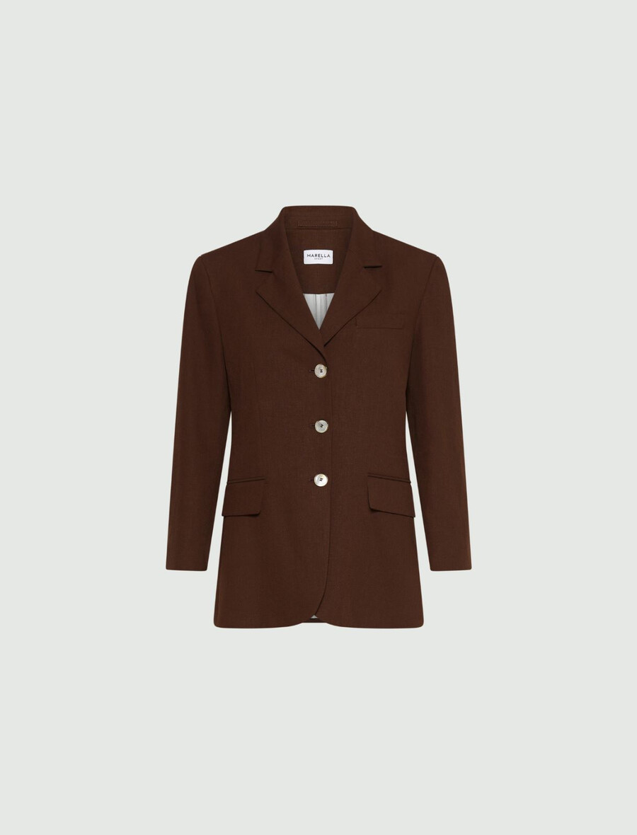 blazer en lin mélangé à simple boutonnage - marron